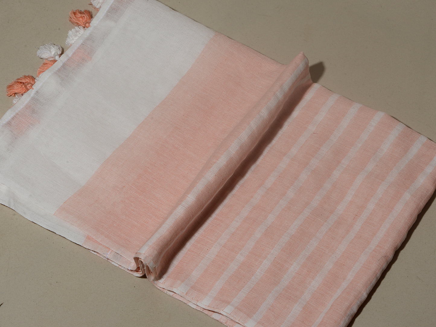 OMVAI Handcrafted Striped Linen Stole with Tassels - Light Pink
