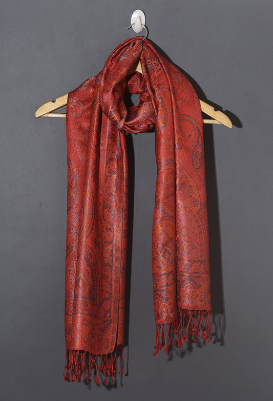 OMVAI Ornamental Paisley Premium Woven Silk Stole - Coral Red