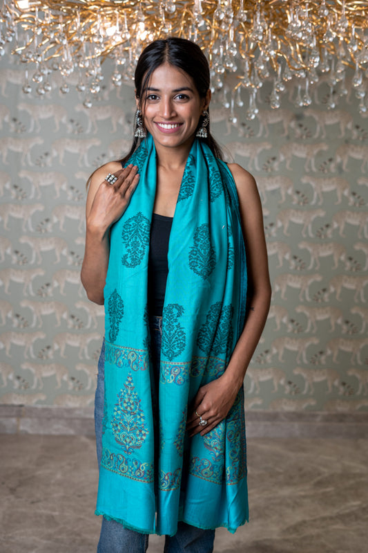 OMVAI Ornamental Buta Modal StoleTurquouse