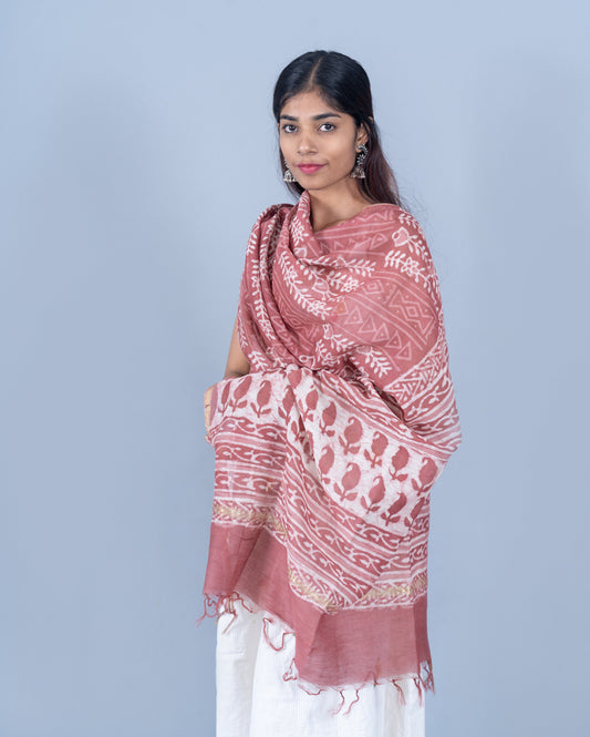 OMVAI Patti Bel Hand Block Printed Chanderi Silk Dupatta - Mauve
