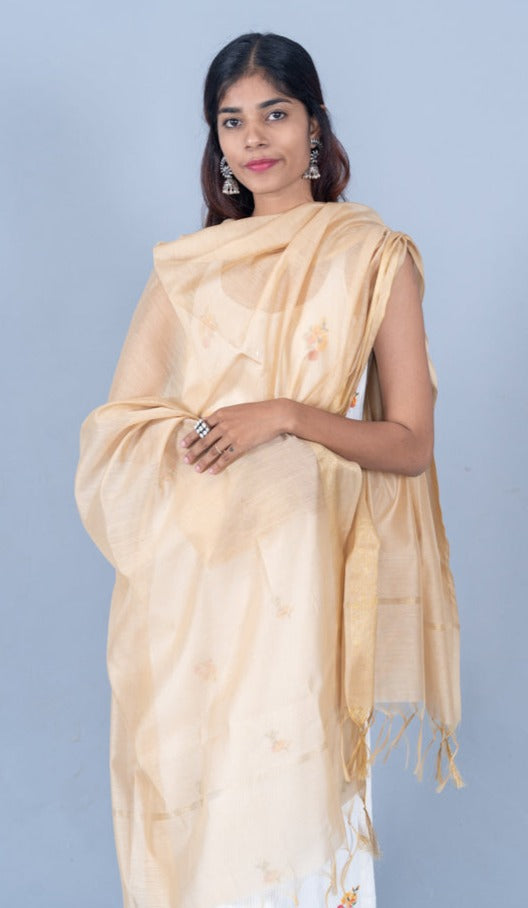 OMVAI Golden Border Chanderi Silk Dupatta - Beige
