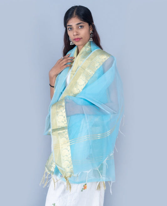 OMVAI Paisley Border Chanderi Silk Dupatta - Firoza Turquouse Blue