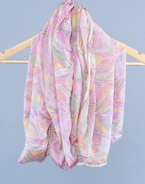 OMVAI Pastel Pinks Abstract Geometry Crepe Stole For Women