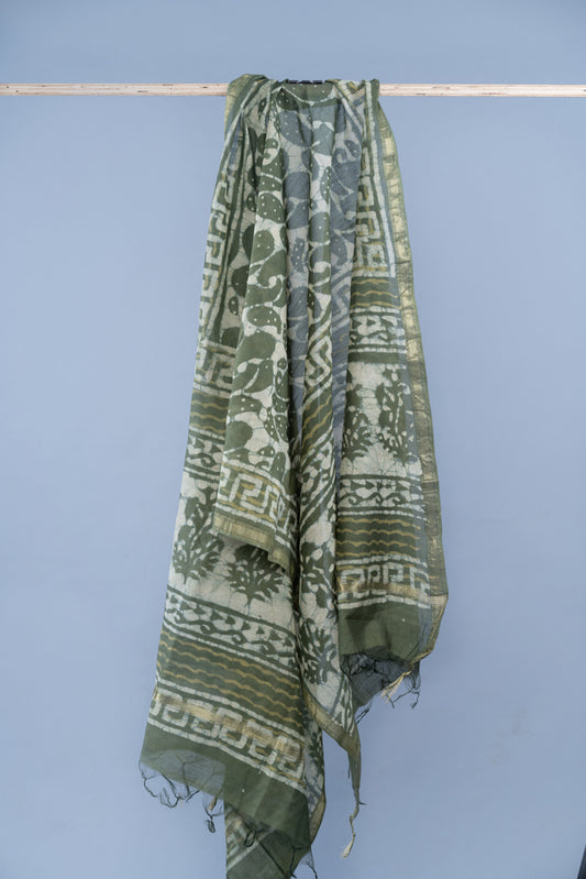 OMVAI Paisley Buta Hand Block Printed Chanderi Silk Dupatta - Olive Green