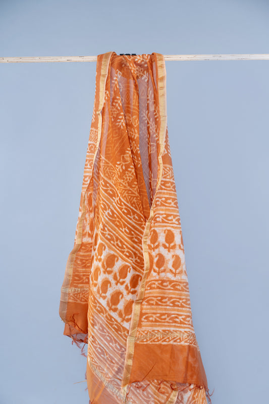 OMVAI Patti Bel Hand Block Printed Chanderi Silk Dupatta - Tangerine  Orange