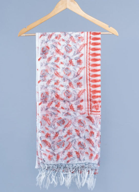 OMVAI White Coral Ornamental Flower Buta Hand Block Printed Kota Doria Checks Stole / Dupatta