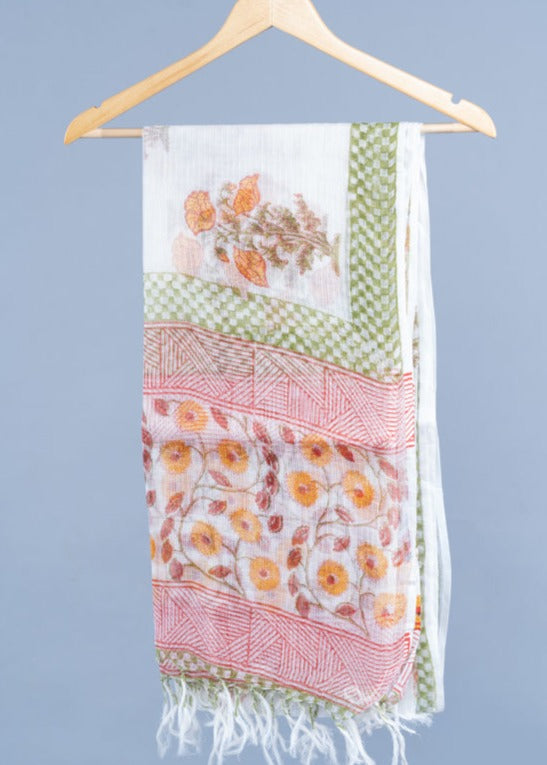 OMVAI White Red Daffodil buta Hand Block Printed Kota Doria Checks Stole / Dupatta