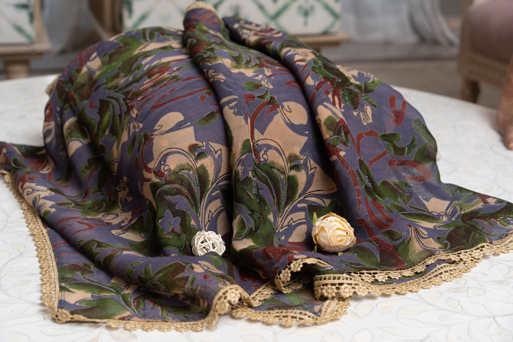 OMVAI Lavender Abstract Flora Chiffon Ladies Stole