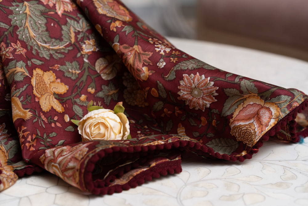 OMVAI Victorian Mughal Flower Print Silk Stole - Rich Burgandy