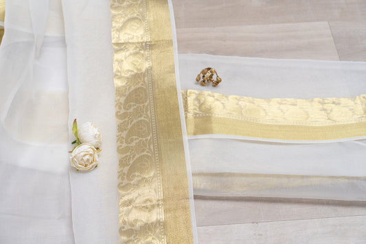 OMVAI Paisley Border Chanderi Silk Dupatta - Pearl White