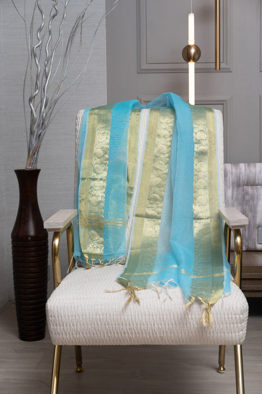 OMVAI Paisley Border Chanderi Silk Dupatta - Firoza Turquouse Blue