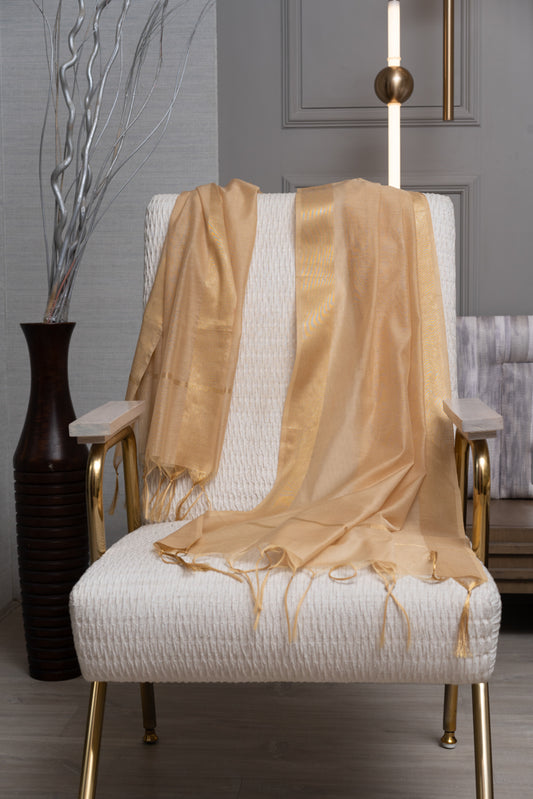 OMVAI Golden Border Chanderi Silk Dupatta - Beige