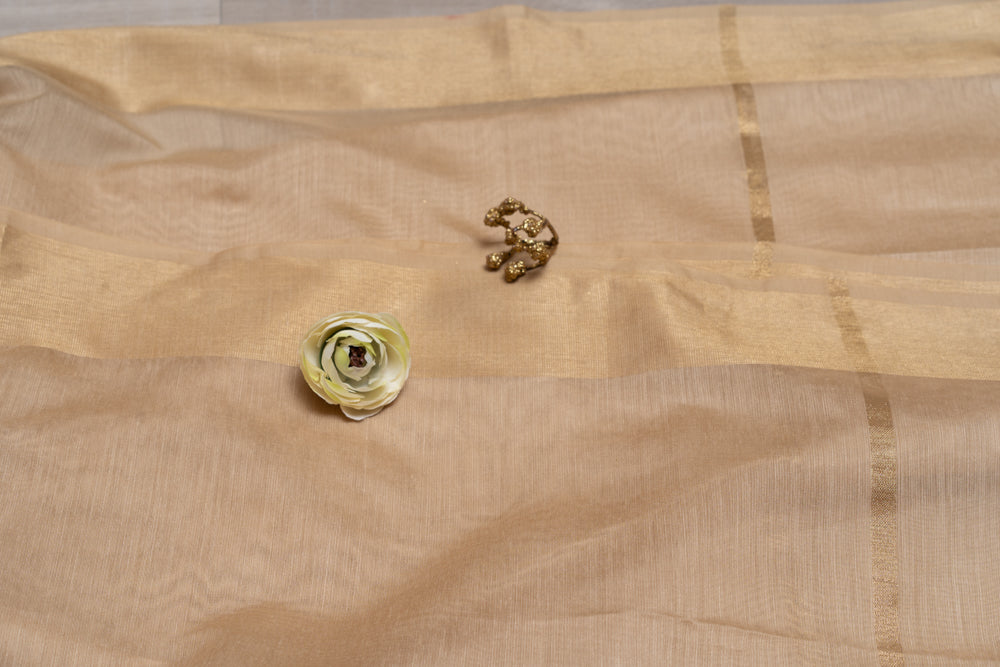 OMVAI Silk Chanderi Dupatta Beige with Golden Border