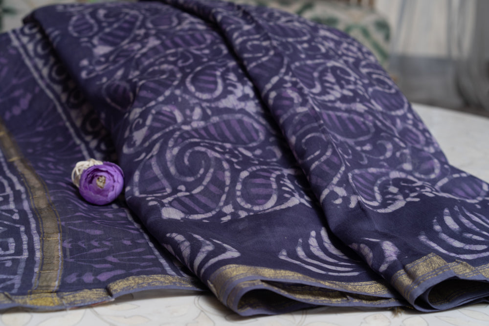 OMVAI Blue Paisley Buta Hand Block Printed Chanderi Silk Dupatta