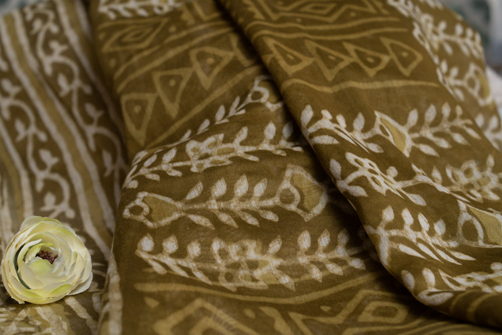 OMVAI Green Patti Bel Hand Block Printed Chanderi Silk Dupatta