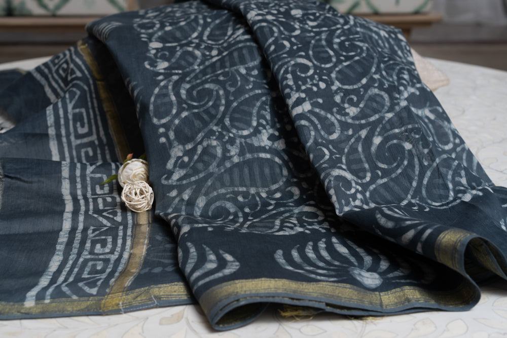 OMVAI Charcoal Paisley Buta Hand Block Printed Chanderi Silk Dupatta