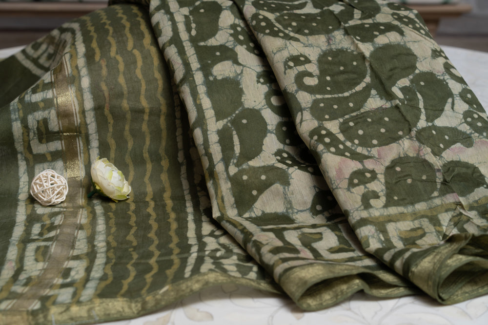 OMVAI Olive Green Paisley Buta Hand Block Printed Chanderi Silk Dupatta
