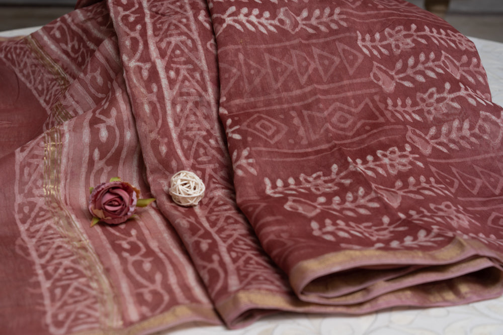 OMVAI Mauve Patti Bel Hand Block Printed Chanderi Silk Dupatta