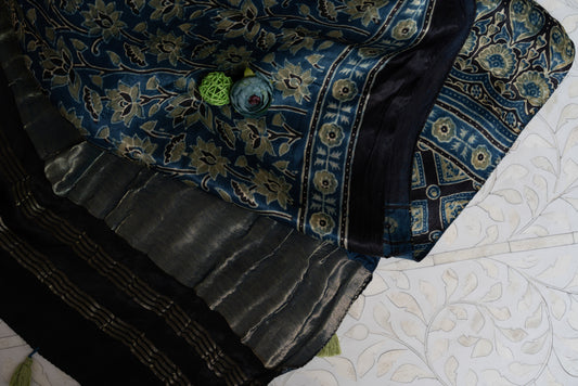 OMVAI Bel Sundari Hand Block Printed Premium Modal Stole with Zari Border - Blue