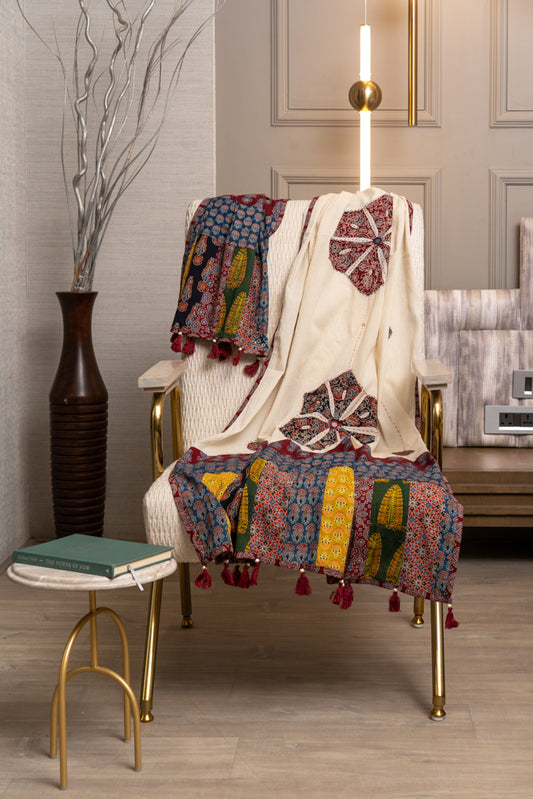 OMVAI Pushp Bahaar Hastkala Dupatta with applique and Hand-work - Maroon Multi