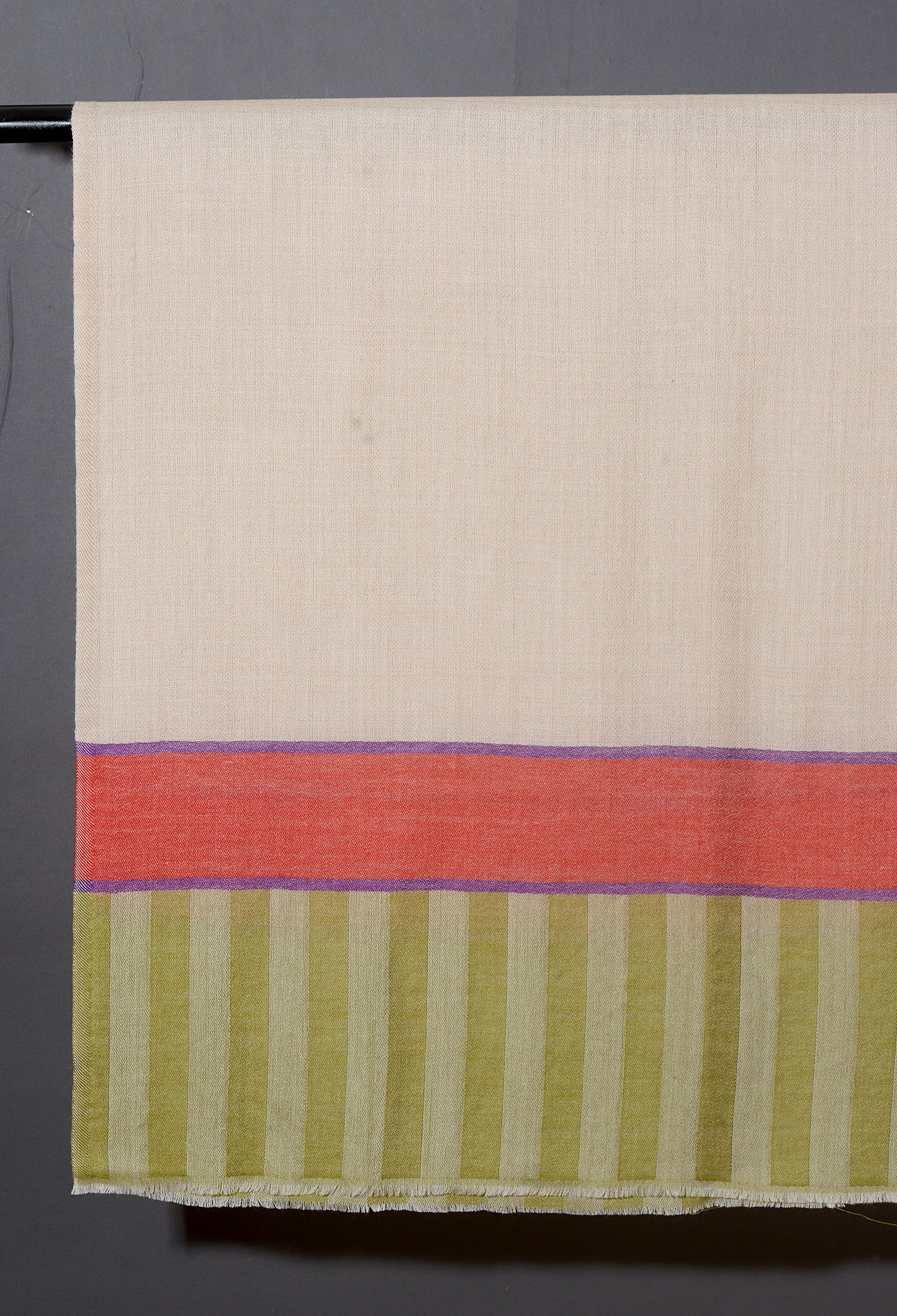 Striped Border Pashmina - Natural with coral red and fern green stripes