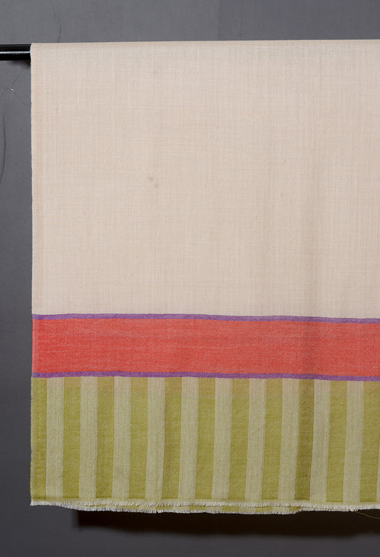 Striped Border Pashmina  - Natural with coral red and fern green stripes