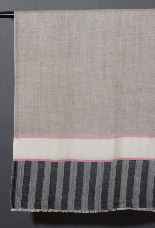 Striped Border Pashmina  -  Natural grey with white and black stripes
