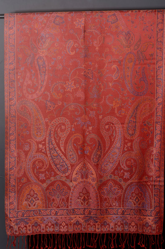 OMVAI Ornamental Paisley Premium Woven Silk Stole - Coral Red