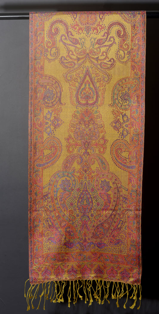OMVAI Ornamental Paisley Premium Woven Silk Stole - Ochre Yellow