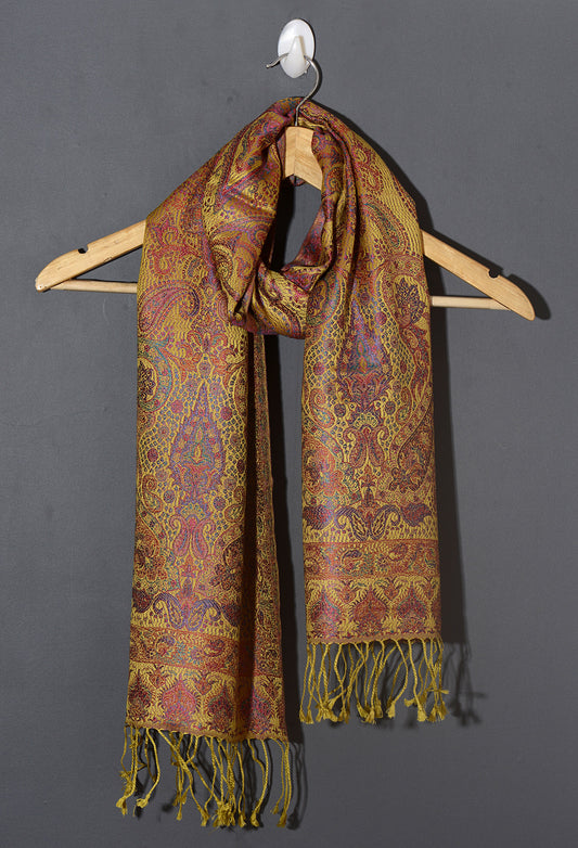 OMVAI Ornamental Paisley Premium Woven Silk Stole - Ochre Yellow
