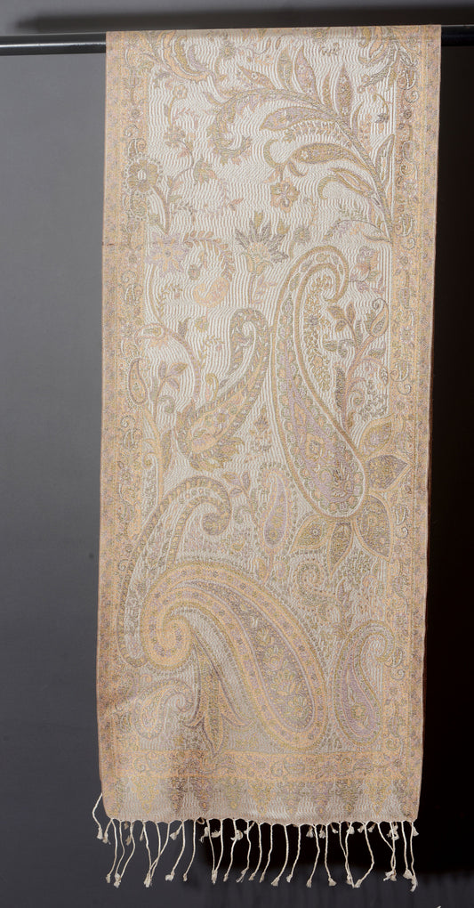 OMVAI Ornamental Paisley Premium Woven Silk Stole - Pearl White