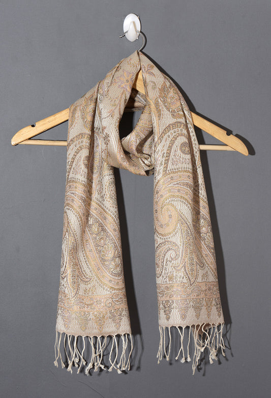 OMVAI Ornamental Paisley Premium Woven Silk Stole - Pearl White