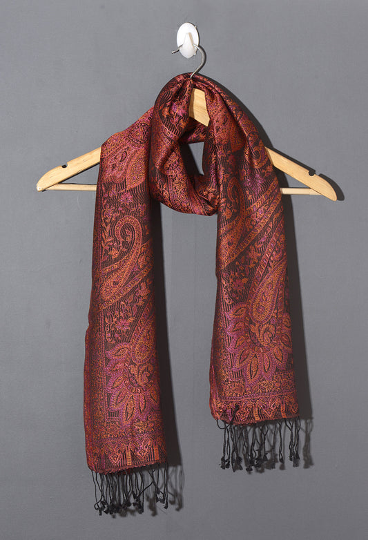 OMVAI Ornamental Paisley Premium Woven Silk Stole - Royal Burgundy