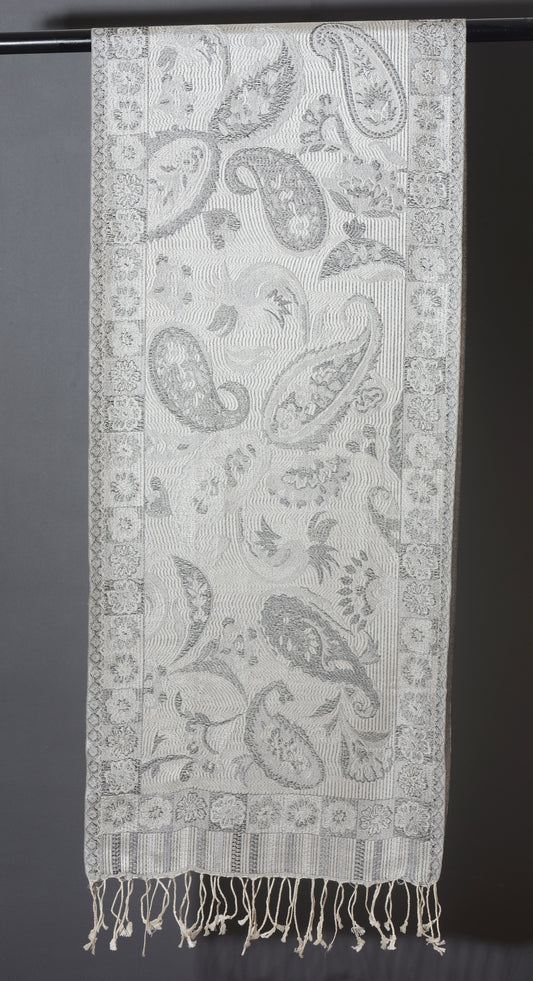 OMVAI Ornamental Paisley Premium Woven Silk Stole - White Silver