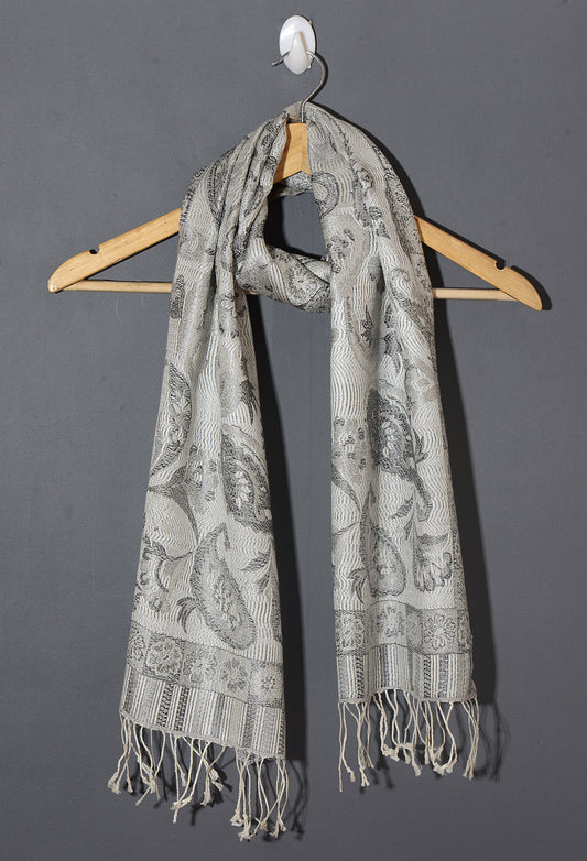 OMVAI Ornamental Paisley Premium Woven Silk Stole - White Silver