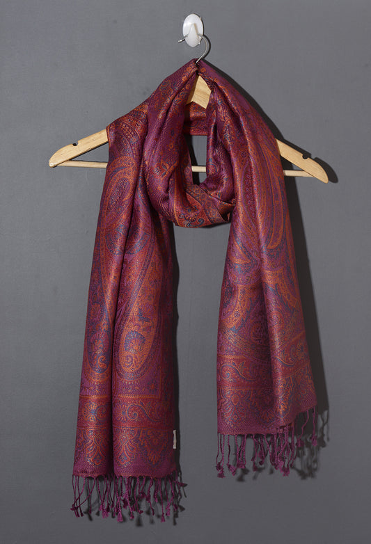 OMVAI Ornamental Paisley Premium Woven Silk Stole - Flamingo Pink