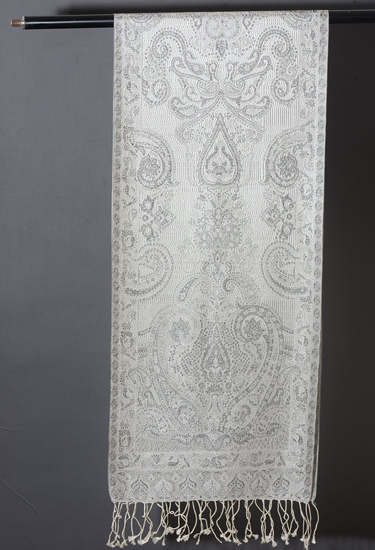 OMVAI Victorian Paisley Premium Woven Silk Stole - White Grey