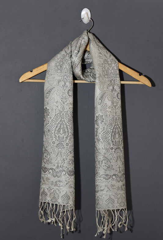 OMVAI Victorian Paisley Premium Woven Silk Stole - White Grey