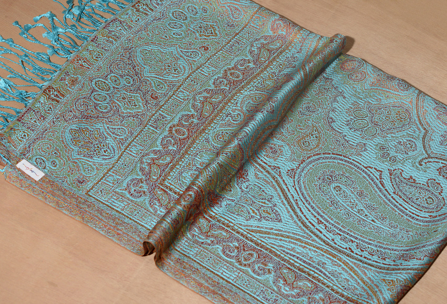 OMVAI Ornamental Paisley Premium Woven Silk Stole - Aqua Blue