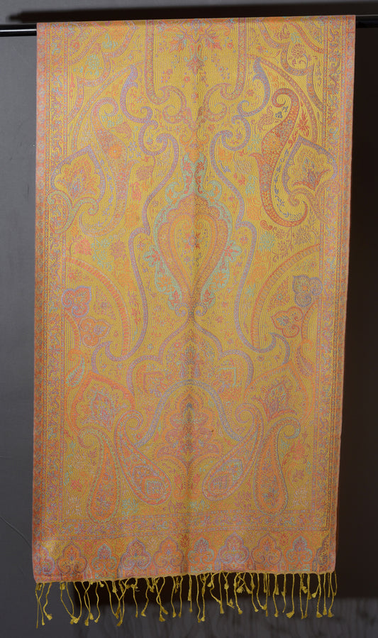 OMVAI Ornamental Paisley Premium Woven Silk Stole -  Pastel Yellow