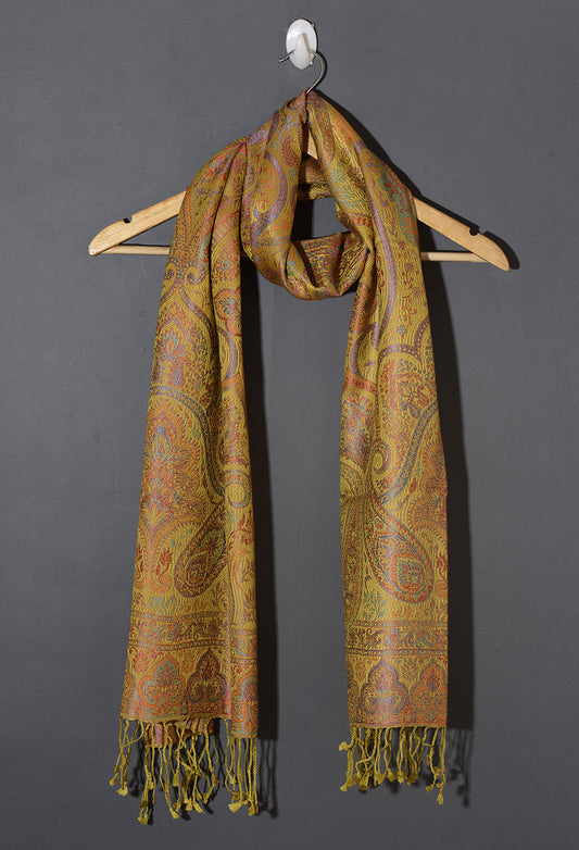 OMVAI Ornamental Paisley Premium Woven Silk Stole -  Pastel Yellow