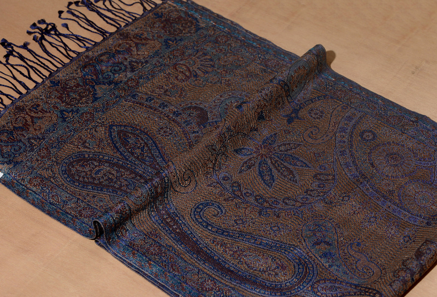 OMVAI Victorian Paisley Premium Woven Silk Stole - Copper Blue