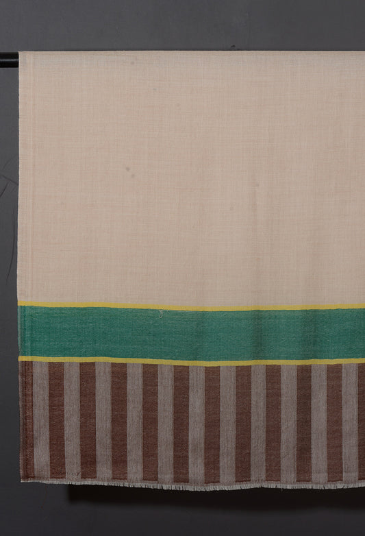 Striped Border Pashmina  - Natural with green and brown stripes