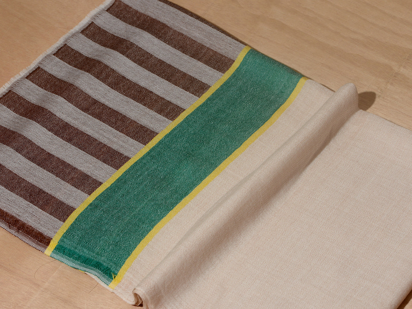 Striped Border Pashmina - Natural with green and brown stripes