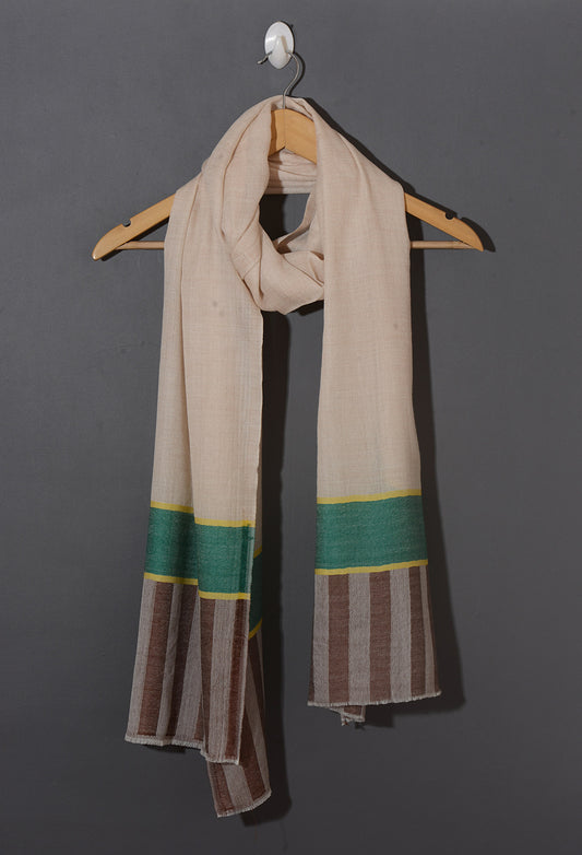 Striped Border Pashmina  - Natural with green and brown stripes