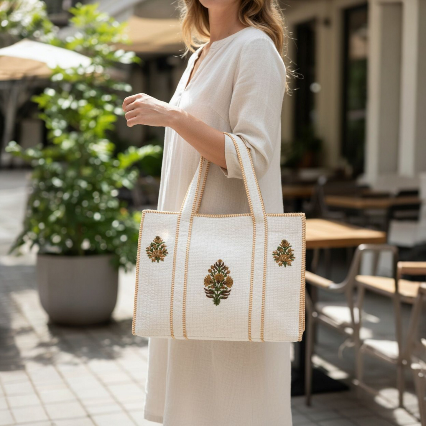 White Handblock Motif Orange Cotton Tote Bag | Handcrafted & Lightweight