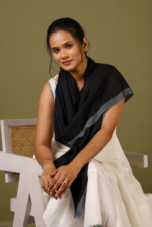 Striped Border Pashmina  - Black with white border