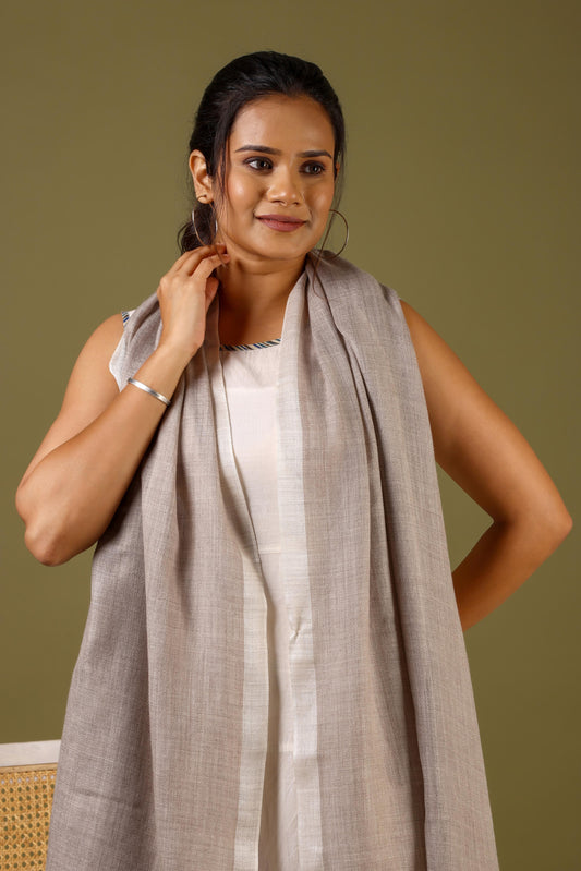 Striped Border Pashmina  - Natural with White border