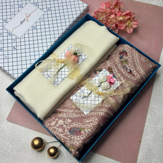 OMVAI Embroidery Pashmina Combo Gift Set in Pure Cashmere wool - Natural Sand Embroidered Stole with Ivory Green Solid Stole (Set of 2 - For HIM and for HER)