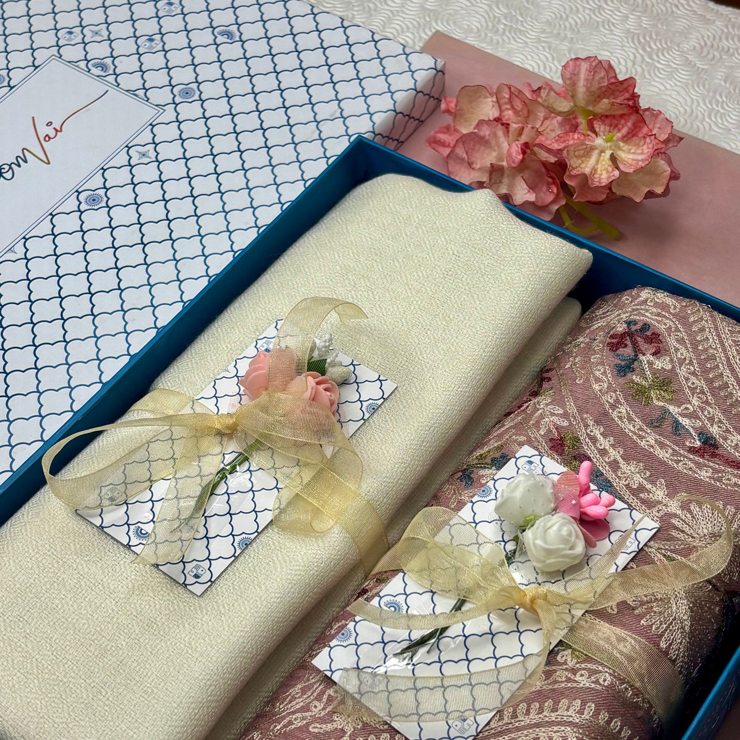 OMVAI Embroidery Pashmina Combo Gift Set in Pure Cashmere wool - Natural Sand Embroidered Stole with Ivory Green Solid Stole (Set of 2 - For HIM and for HER)